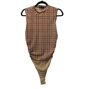 Lulu's Checkered Sleeveless Bodysuit - Brown and Cream